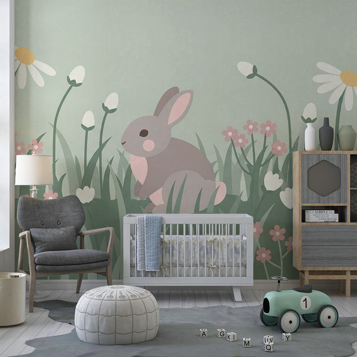 Papel de parede quarto bebê | Симпатичен заек в поле от пастелни цветя