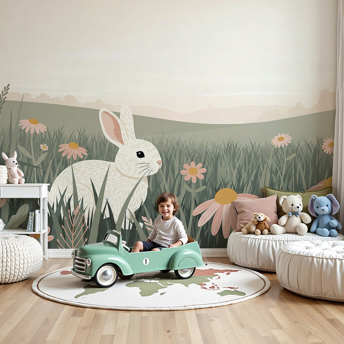 Lastenhuoneen tapetti | Söpö pupu kukkakedolla