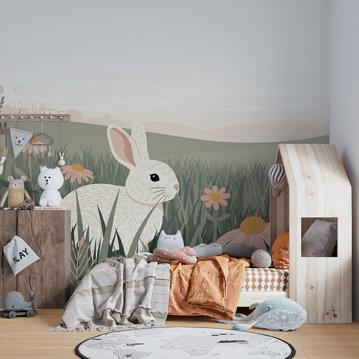 Lastenhuoneen tapetti | Söpö pupu kukkakedolla