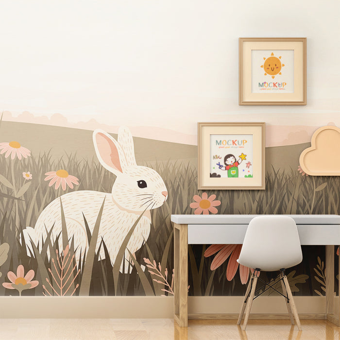 Lastenhuoneen tapetti | Söpö pupu kukkakedolla