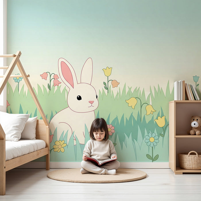Babykamer behang | Schattig konijn in een pastelkleurig bloemenveld