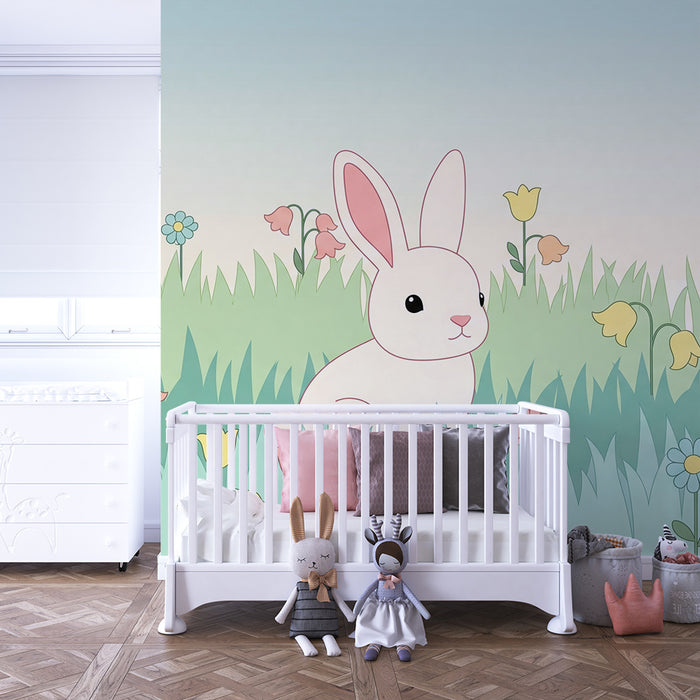 Babykamer behang | Schattig konijn in een pastelkleurig bloemenveld