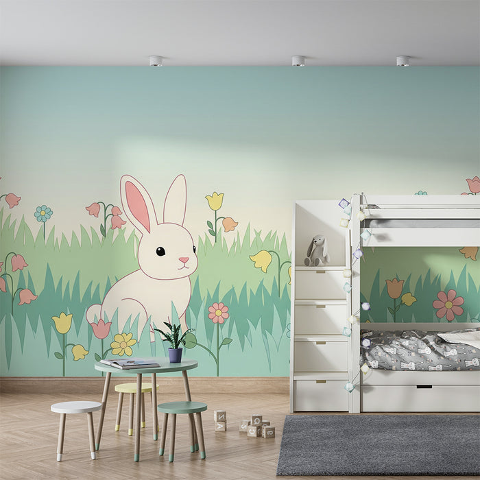 Babykamer behang | Schattig konijn in een pastelkleurig bloemenveld