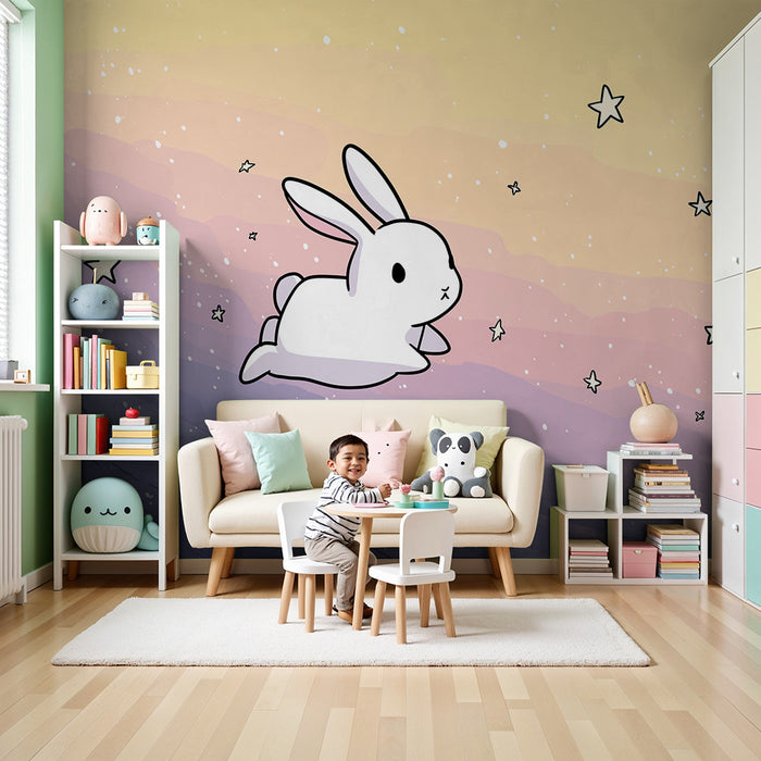 Lastenhuoneen tapetti | Söpö pupu pastellisessa tähtitaivaassa