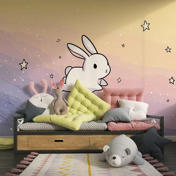 Lastenhuoneen tapetti | Söpö pupu pastellisessa tähtitaivaassa