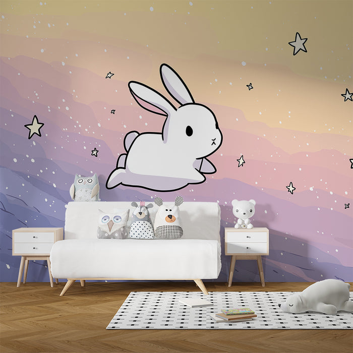 Lastenhuoneen tapetti | Söpö pupu pastellisessa tähtitaivaassa