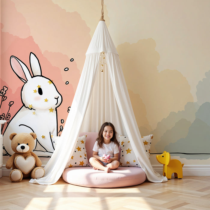 Børneværelse tapet | Sød kanin i en blomstrende pastelhave