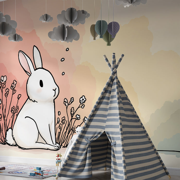 Børneværelse tapet | Sød kanin i en blomstrende pastelhave