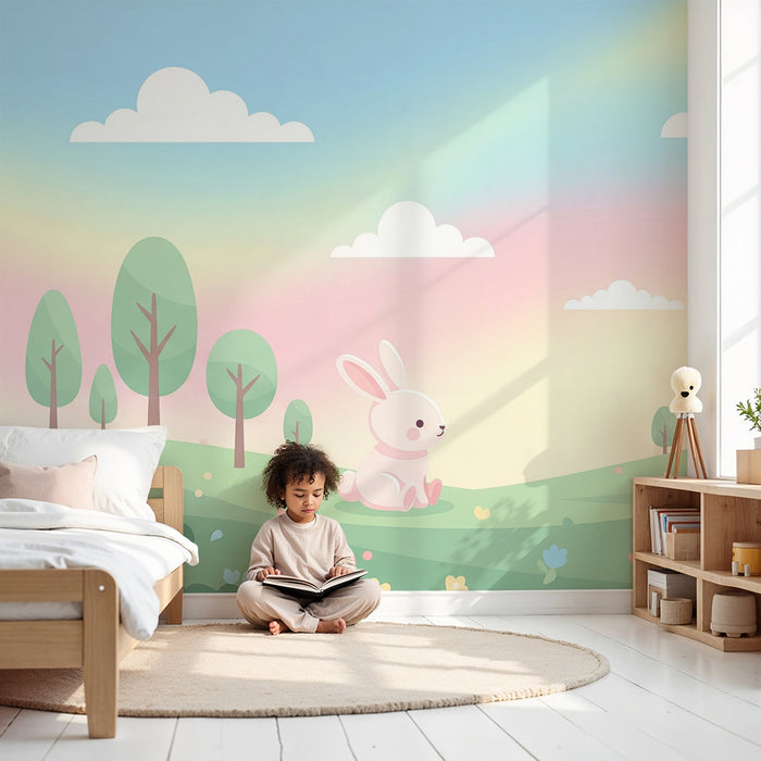 Nursery room wallpaper | Cute bunny in a pastel floral landscape