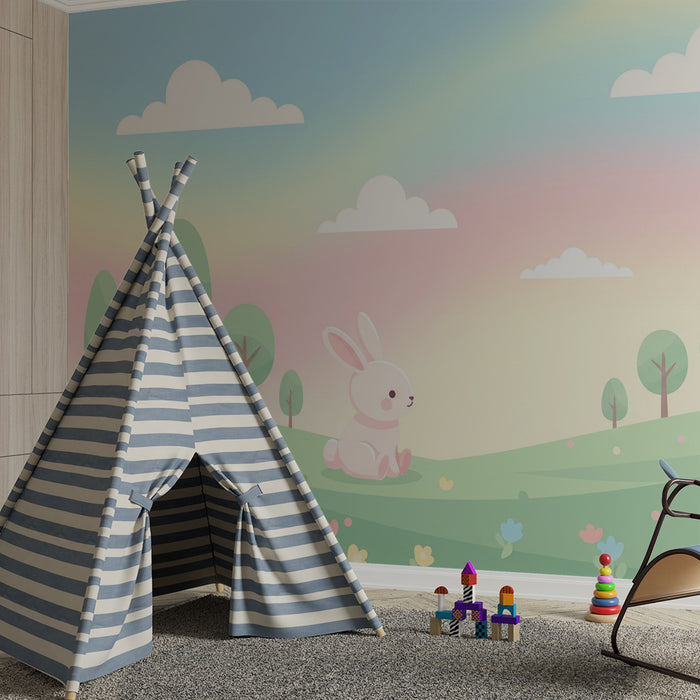 Nursery room wallpaper | Cute bunny in a pastel floral landscape