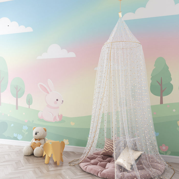 Nursery room wallpaper | Cute bunny in a pastel floral landscape