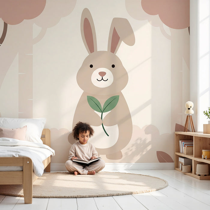 Nursery Wallpaper | Adorable Rabbit in a Soft Pastel Forest