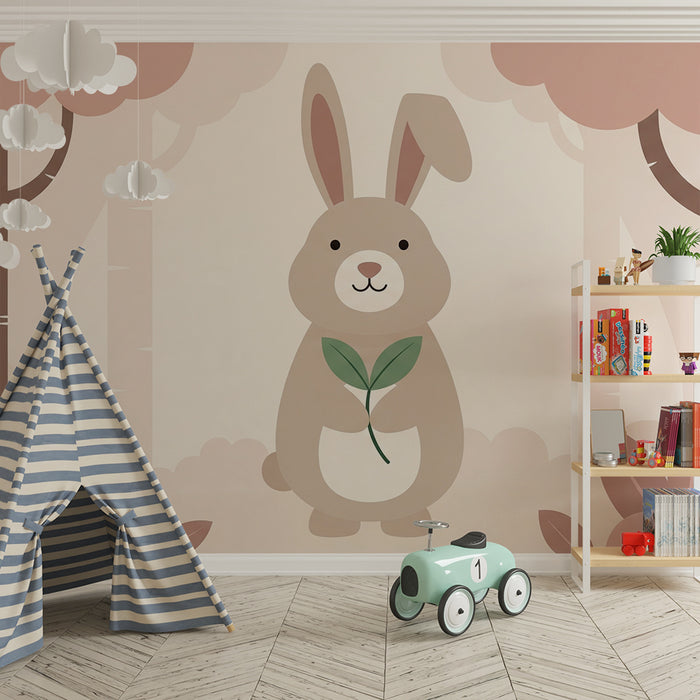 Nursery Wallpaper | Adorable Rabbit in a Soft Pastel Forest