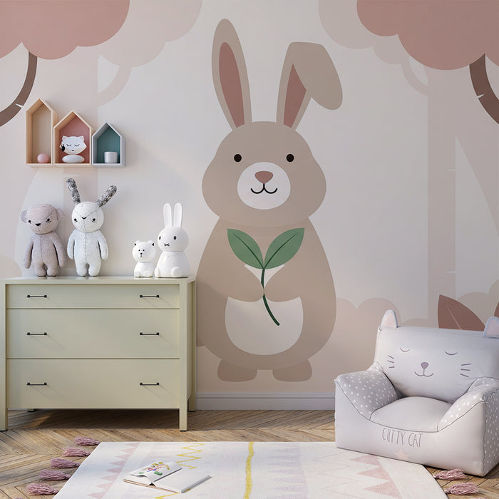 Nursery Wallpaper | Adorable Rabbit in a Soft Pastel Forest