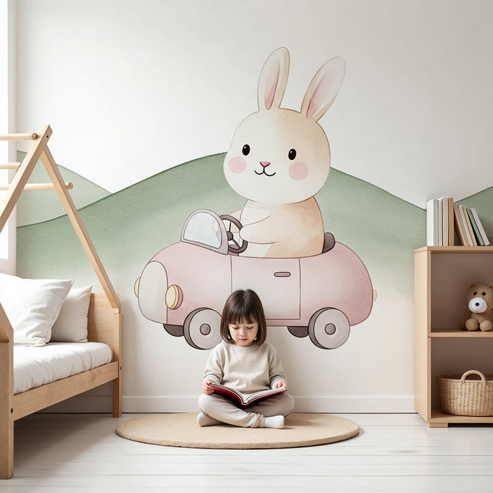 Babykamer behang | Schattig konijn in een auto