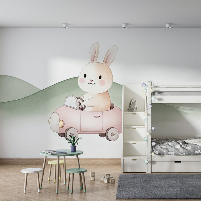 Babykamer behang | Schattig konijn in een auto