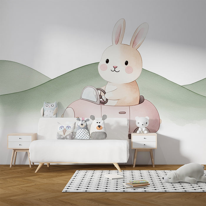 Babykamer behang | Schattig konijn in een auto