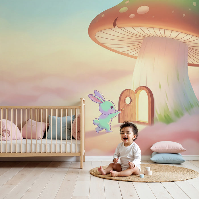 Nursery room wallpaper | Cute rabbit in front of a magical door under a mushroom