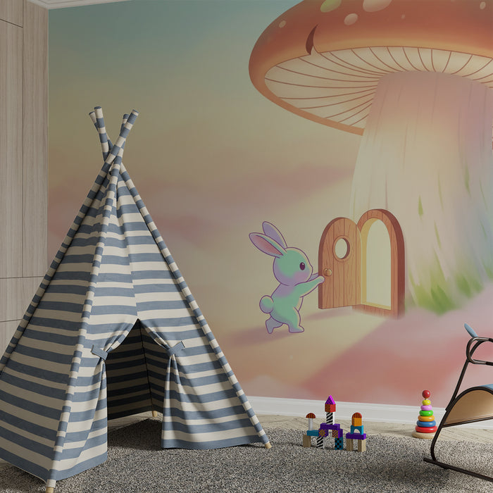Nursery room wallpaper | Cute rabbit in front of a magical door under a mushroom