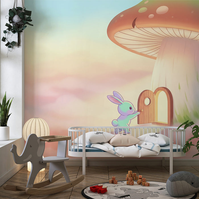 Nursery room wallpaper | Cute rabbit in front of a magical door under a mushroom