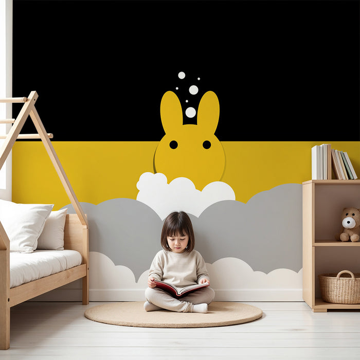 Papel de parede quarto bebê | Χαριτωμένο λαγός αναδύεται από τα σύννεφα