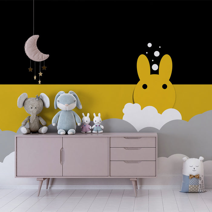 Papel de parede quarto bebê | Χαριτωμένο λαγός αναδύεται από τα σύννεφα