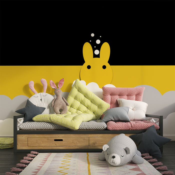 Papel de parede quarto bebê | Χαριτωμένο λαγός αναδύεται από τα σύννεφα