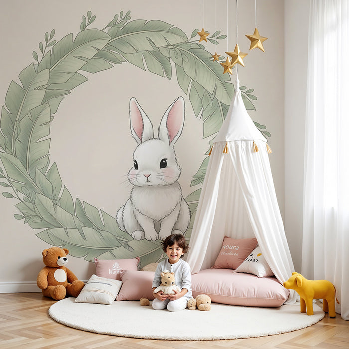 Papier peint chambre bébé | Lapin mignon entouré de feuillage