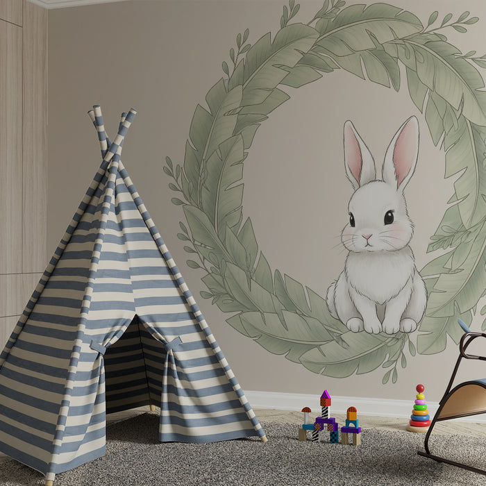 Papier peint chambre bébé | Lapin mignon entouré de feuillage