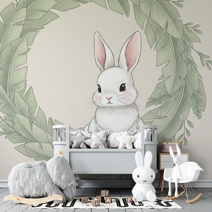 Papier peint chambre bébé | Lapin mignon entouré de feuillage