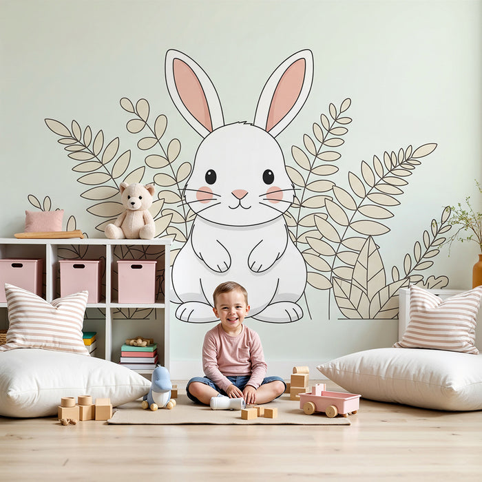 Barntapet | Söt kanin omgiven av delikat lövverk
