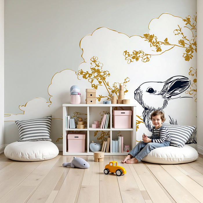 Carta da parati bambini | Coniglio carino circondato da fiori dorati e nuvole soffici