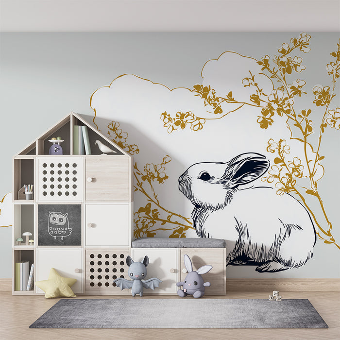 Carta da parati bambini | Coniglio carino circondato da fiori dorati e nuvole soffici