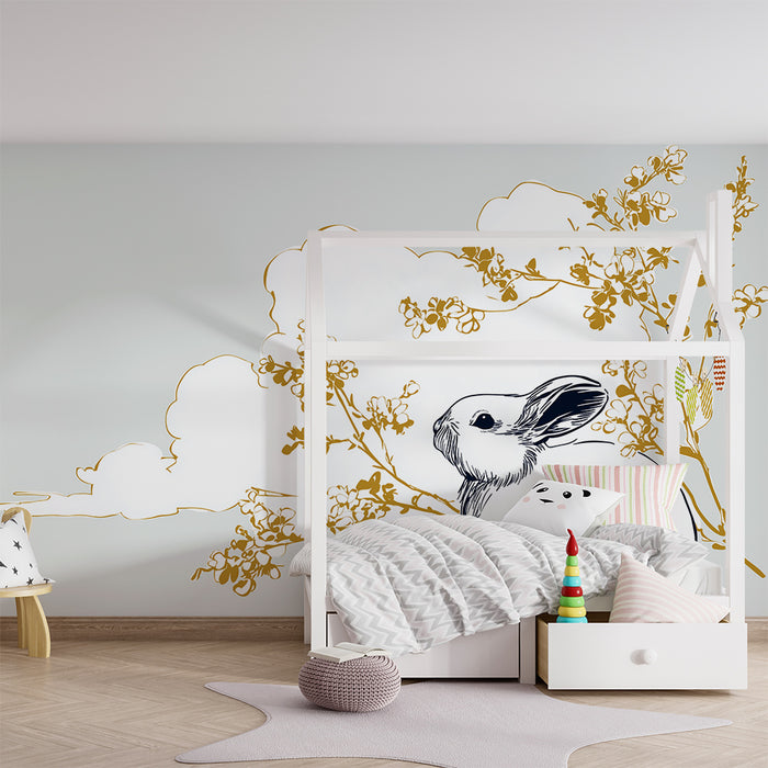 Carta da parati bambini | Coniglio carino circondato da fiori dorati e nuvole soffici