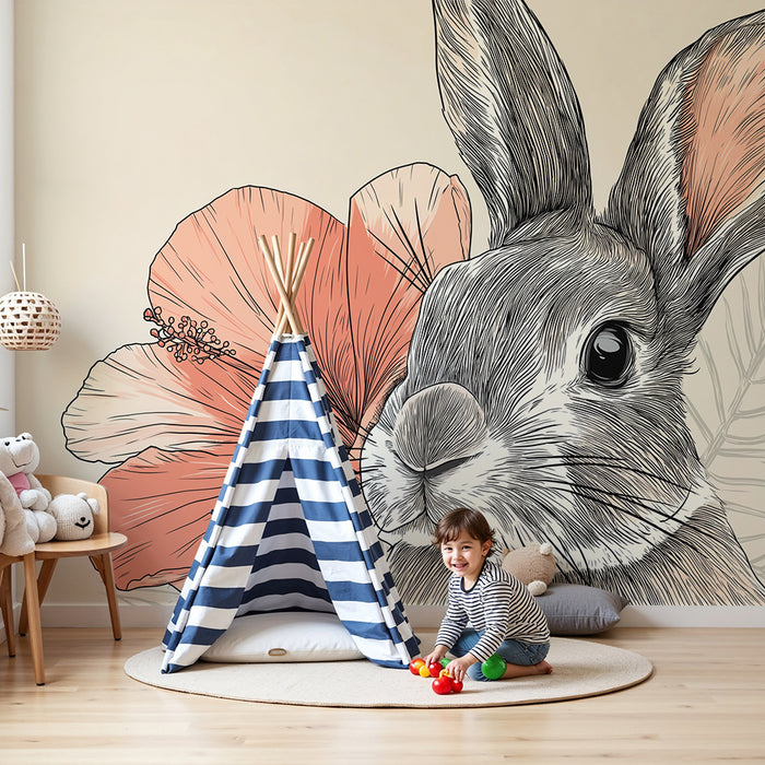Carta da parati bambini | Coniglio carino circondato da fiori esotici