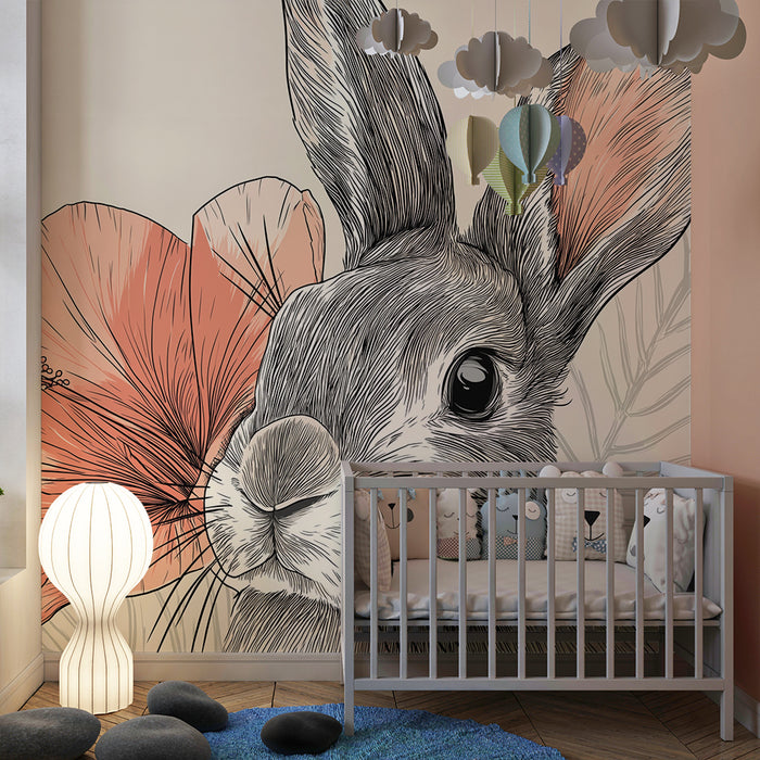 Carta da parati bambini | Coniglio carino circondato da fiori esotici