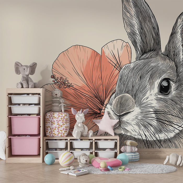 Carta da parati bambini | Coniglio carino circondato da fiori esotici