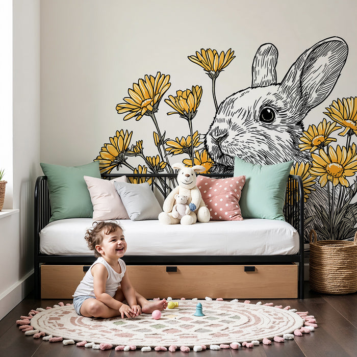 Barntapet | Söt kanin omgiven av gula blommor