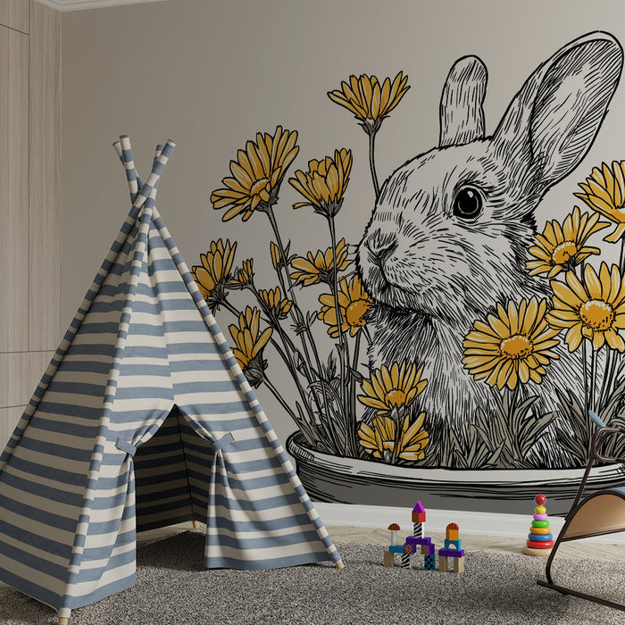 Barntapet | Söt kanin omgiven av gula blommor