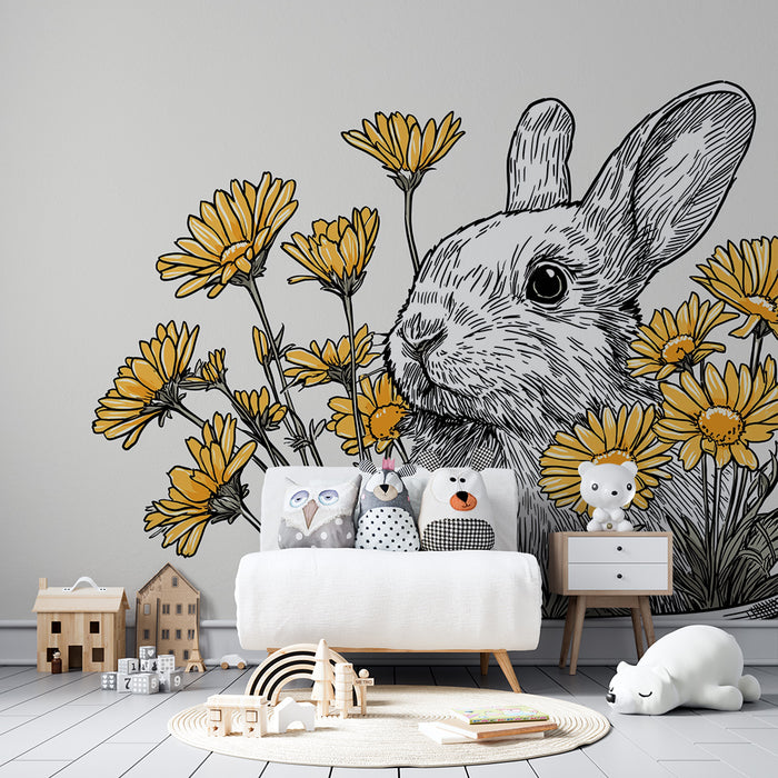Barntapet | Söt kanin omgiven av gula blommor