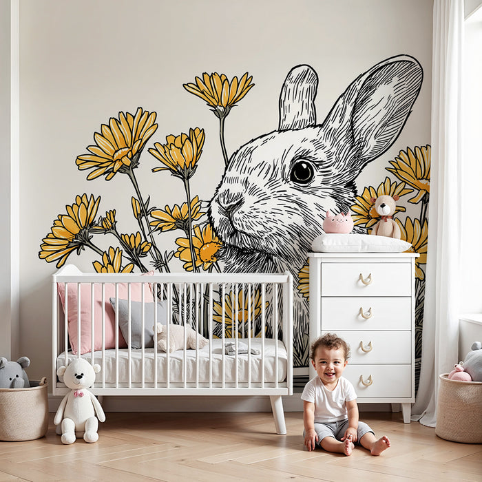 Barntapet | Söt kanin omgiven av gula blommor