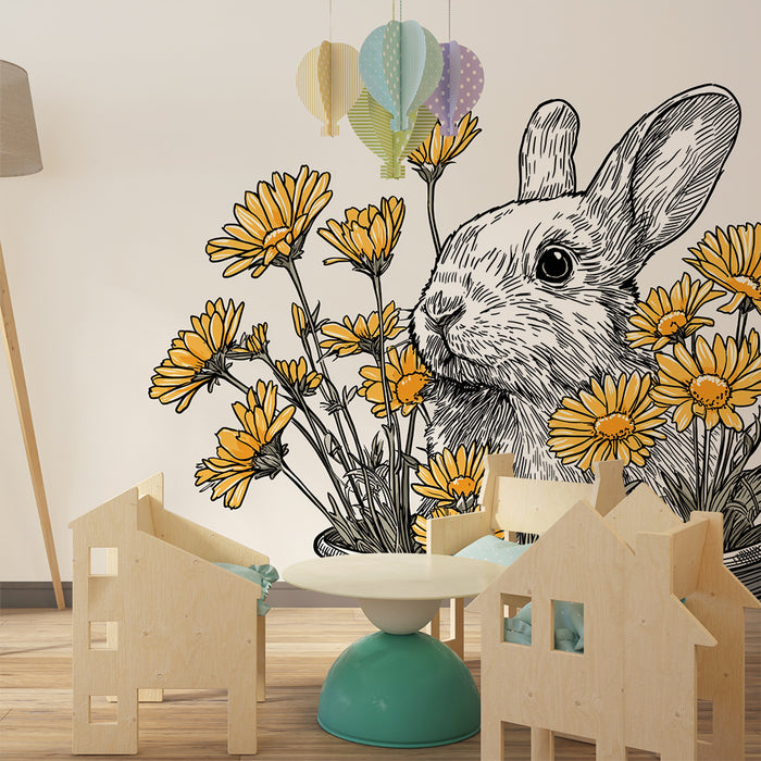 Barntapet | Söt kanin omgiven av gula blommor