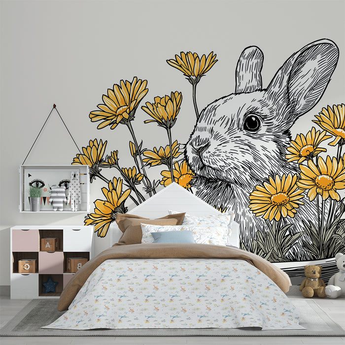 Barntapet | Söt kanin omgiven av gula blommor