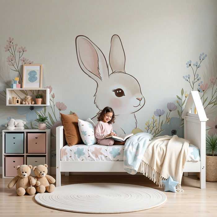 Babykamer behang | Schattig konijn omringd door pastel bloemen