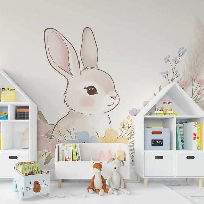 Babykamer behang | Schattig konijn omringd door pastel bloemen