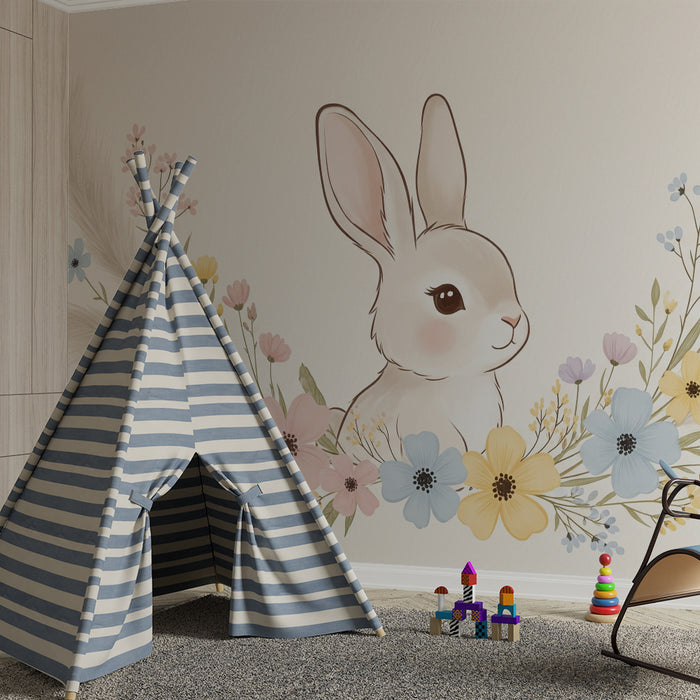 Babykamer behang | Schattig konijn omringd door pastel bloemen