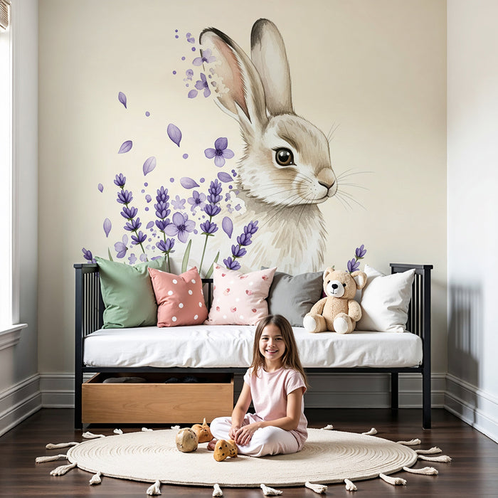 Papier peint chambre bébé | Lapin mignon entouré de lavande et de fleurs violettes