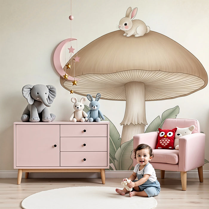 Papier peint chambre bébé | Lapin mignon et champignon géant