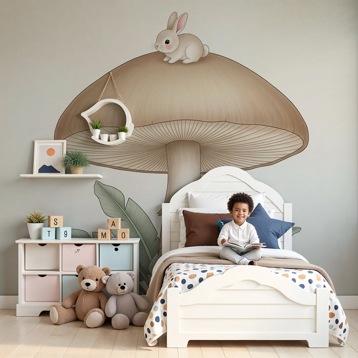 Papier peint chambre bébé | Lapin mignon et champignon géant