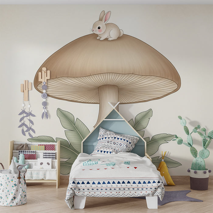Papier peint chambre bébé | Lapin mignon et champignon géant